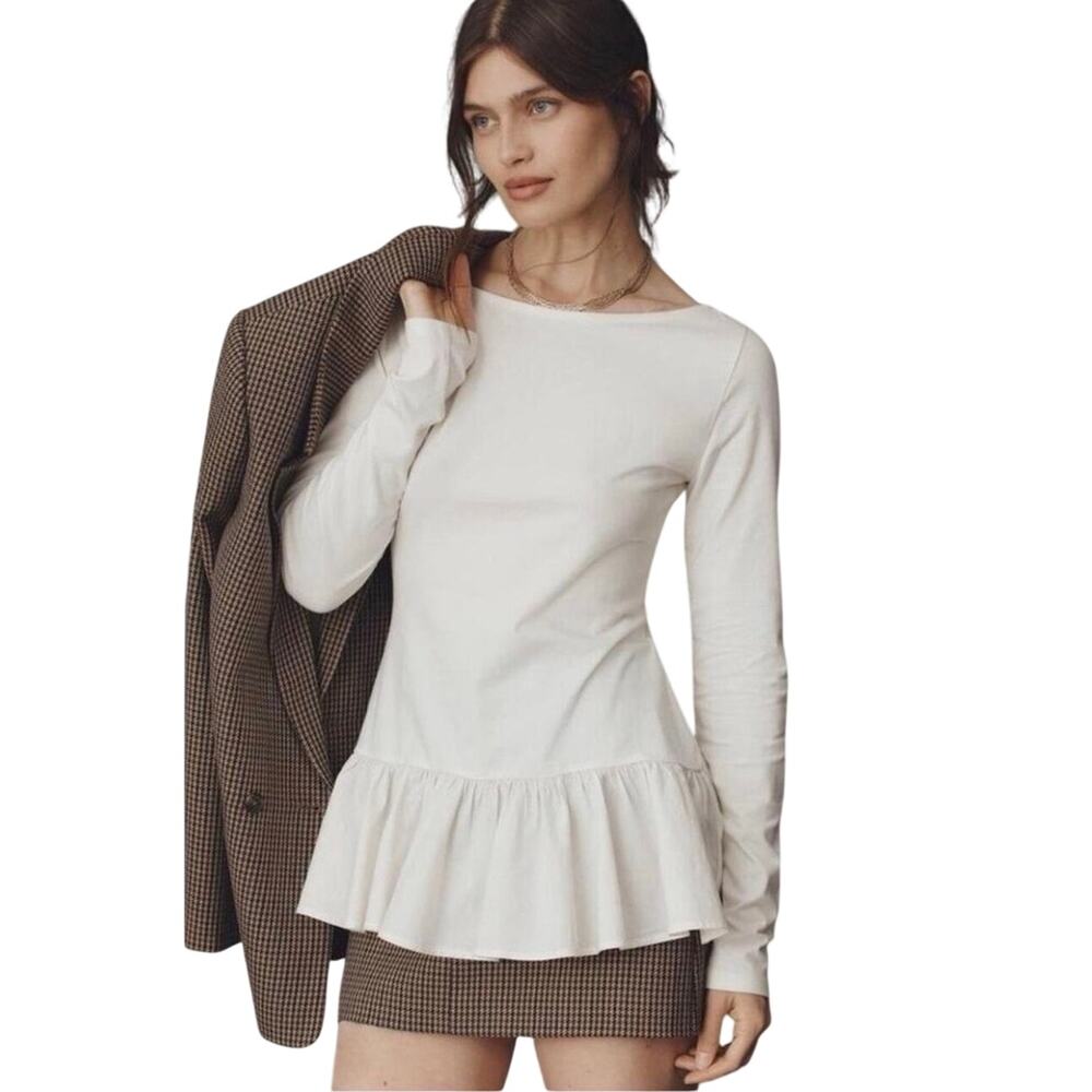 ANTHROPOLOGIE MAEVE Women’s White Long Sleeve Ruffle Hem Knit Top